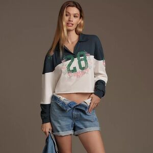 LetLuv For Anthropologie Floral Rugby Shirt Long Sleeve Oversized Cropped Sz XL